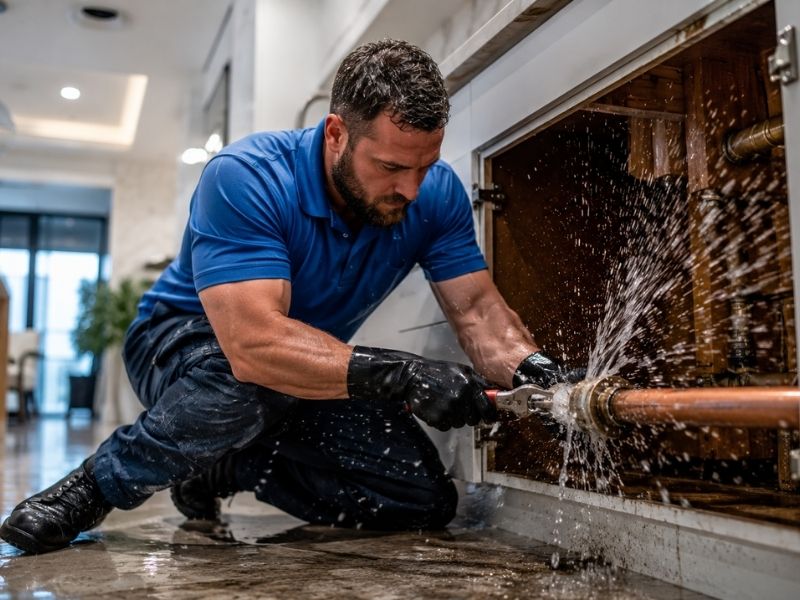 Emergency plumber repairing burst water pipe